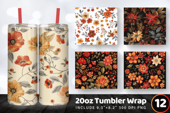 Fall Embroidery Flowers Tumbler Wrap