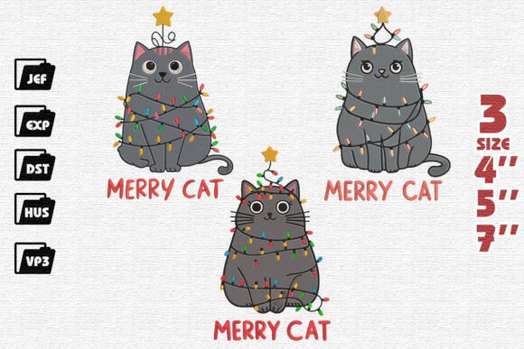 Set of 3 Merry Cat Embroidery