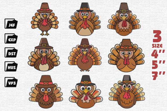Set of 9 Turkey Thanksgiving Embroidery